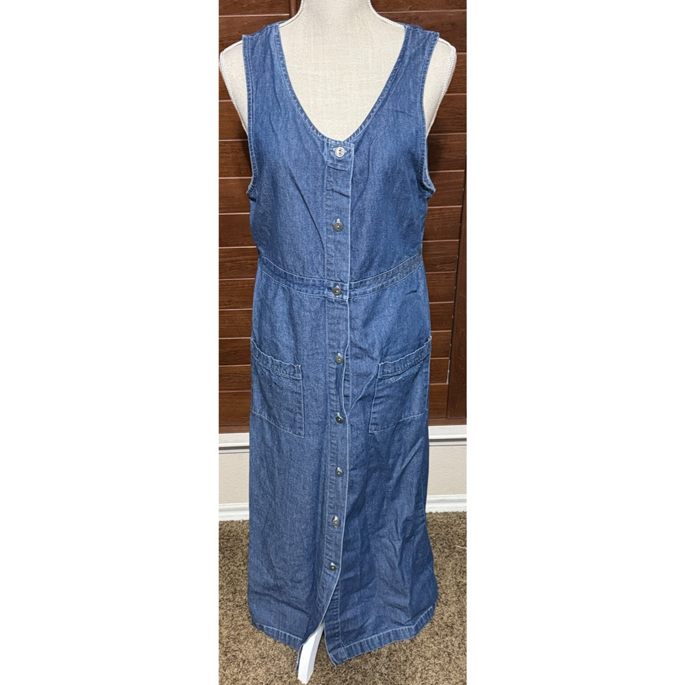Expressions Womens Jumper Denim Maxi Dress sz 12 button front Pockets Prairie